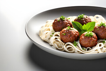 spaghetti with meatballs on a plate with copy space background
