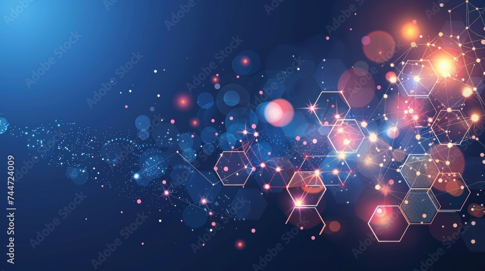 Poster vibrant neon hexagons pattern illuminated on a dark background with a futuristic and dynamic feel.