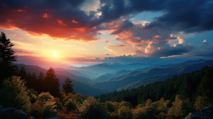 A picturesque sunset scene with the sun setting over mountains in the distance. Perfect for nature and landscape backgrounds