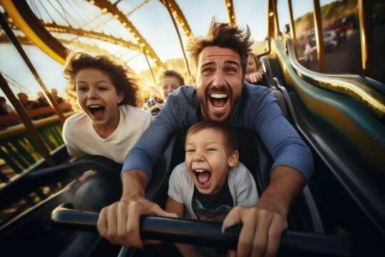 A man and two children enjoying a thrilling roller coaster ride. Perfect for illustrating fun family activities