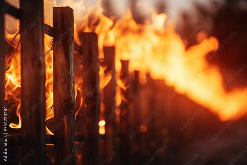 Poster A close up view of a fence with a fire in the background. Suitable for various concepts and designs