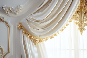 Elegant white curtain with gold trim on a window, perfect for home decor
