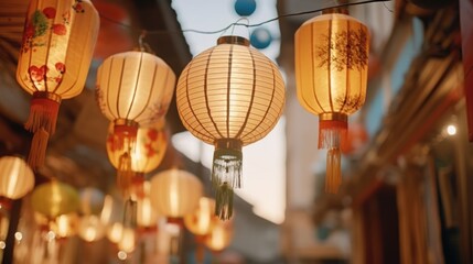 Colorful paper lanterns hanging from a ceiling, perfect for adding a festive touch to any event - obrazy, fototapety, plakaty