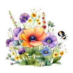 Playful Ladybug Explores Vibrant Pansies in Whimsical Watercolor Spring Garden Clipart