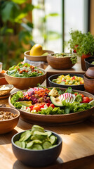 Fototapeta na wymiar Gluten-Free Vegan Meal Spread Highlighting Fresh Organic Produce on a Rustic Setup