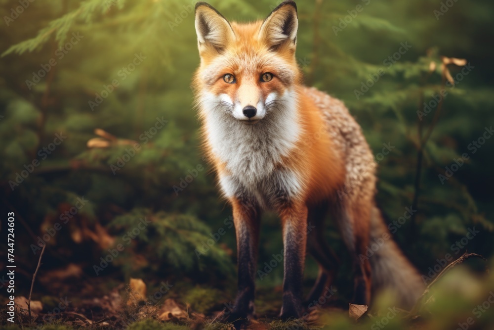 Sticker A red fox standing in a forest, perfect for wildlife designs