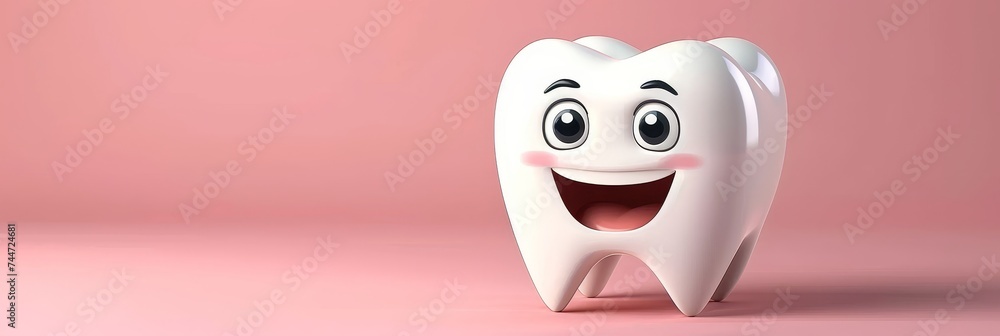 Poster adorable 3d cartoon tooth character on pastel color background with copy space for text placement