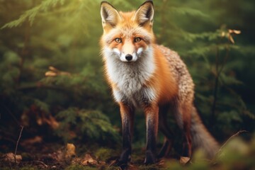 Naklejka na ściany i meble A red fox standing in a forest, perfect for wildlife designs