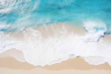 A stunning aerial view of a beach with a single surfboard. Perfect for travel and vacation concepts