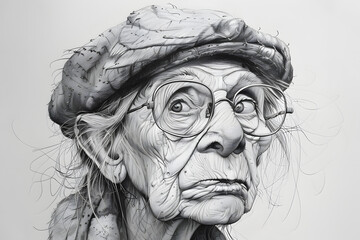 Expressive and Funny Old Woman. Pencil Drawing, Sketch