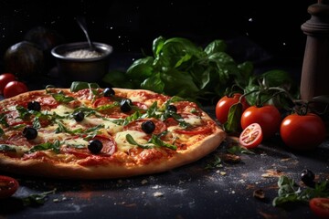 A delicious pizza covered in an assortment of toppings. Perfect for food and restaurant concepts