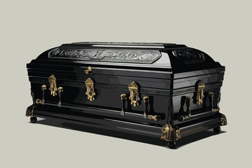 Large American wooden brown coffin with separate lids with gold fittings on a white background