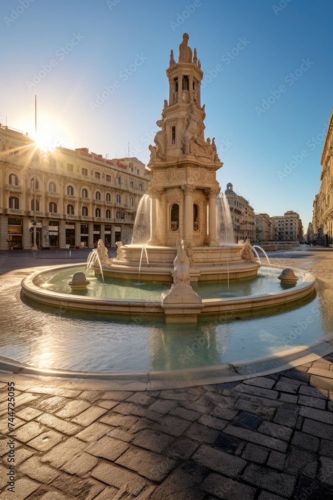 Aufkleber A large fountain with a clock on top. Suitable for time management concepts