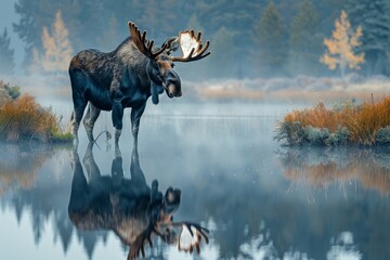 A majestic moose standing by a misty lake in the early morning, its reflection perfectly mirrored in the still water