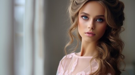 A beautiful young woman in a pink dress looking directly at the camera. Suitable for various fashion and lifestyle concepts
