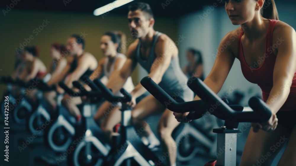 Wall mural People riding stationary bikes in a gym. Suitable for fitness and workout concepts