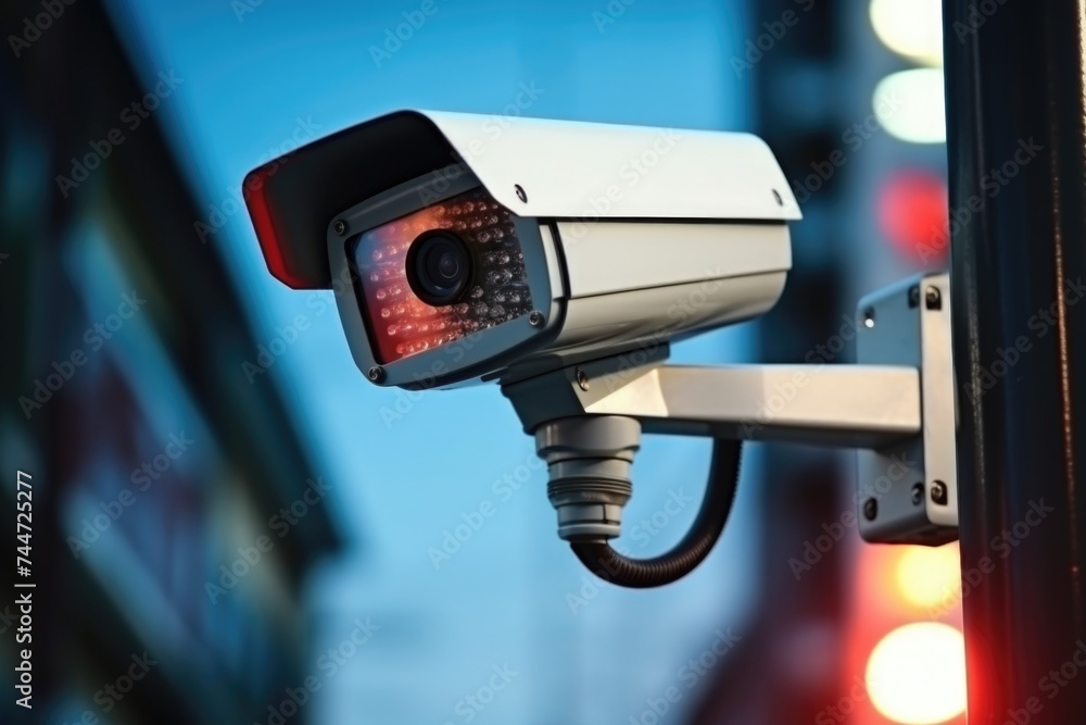 Poster close up of a camera mounted on a pole, suitable for surveillance or security concepts