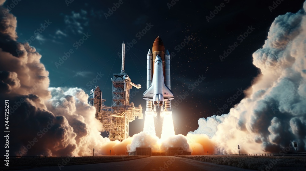 Poster a space shuttle taking off into the sky. suitable for aerospace and technology concepts