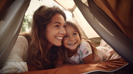 A woman and a little girl laying in a tent. Suitable for camping or family vacation concepts