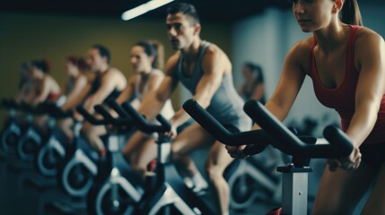 People riding stationary bikes in a gym. Suitable for fitness and workout concepts
