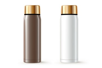 Thermos bottles in white and brown colors, suitable for various advertising and promotional purposes - obrazy, fototapety, plakaty