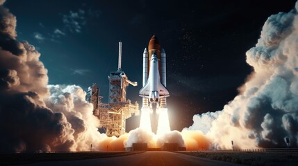 A space shuttle taking off into the sky. Suitable for aerospace and technology concepts - obrazy, fototapety, plakaty