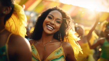 A woman in a green and yellow dress smiles at the camera. Suitable for various concepts