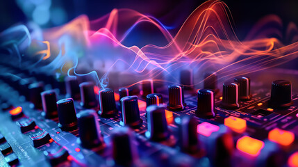 The sound wave on the audio equipment control, entertainment concept for sounds and music editing, smoke wave on the top of mixing sounds control panel, music reccord room studio
