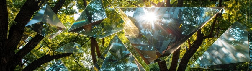  An installation that uses suspended geometric shapes, made from transparent or reflective materials, hanging among trees or over a natural space