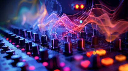 The sound wave on the audio equipment control, entertainment concept for sounds and music editing, smoke wave on the top of mixing sounds control panel, music reccord room studio - obrazy, fototapety, plakaty
