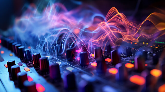 The sound wave on the audio equipment control, entertainment concept for sounds and music editing, smoke wave on the top of mixing sounds control panel, music reccord room studio