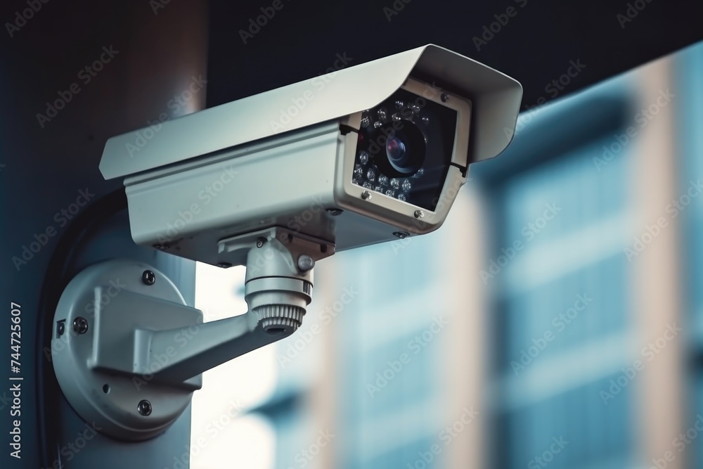 Poster A security camera mounted on a building. Suitable for security and surveillance concepts