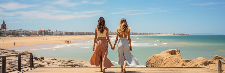 Two friends stroll on a beach boardwalk, serene ocean view ahead.