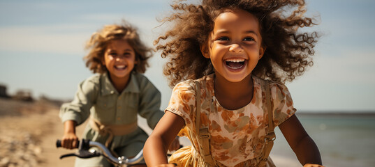 Joyful bike ride by the sea, two girls with flowing hair and beaming smiles.