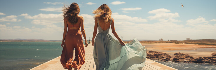 Two women in elegant dresses walk on a wooden pier, wind in their hair, sea stretching into the horizon.