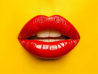 Obraz premium Red lips and lipstick isolated on yellow background. Creative modern wallpaper. 