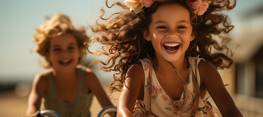 Two joyful girls cycling, wind playing with their curly hair, laughter filling the air.