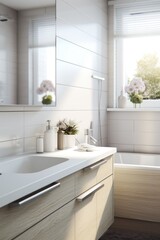 A bathroom featuring a sink, mirror, and bathtub. Ideal for home improvement or real estate content