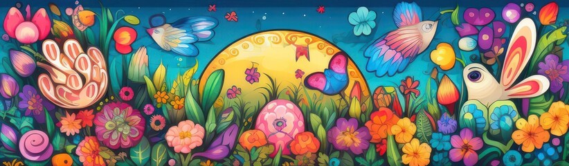 Obraz na płótnie Canvas Holiday celebration banner with cute Easter decorated eggs and spring flowers on green spring meadow. Flowers in landscape. Happy Easter greeting card, banner, festive background.Copy space.