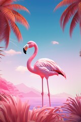 A pink flamingo standing in a tropical setting. Perfect for travel and wildlife themes