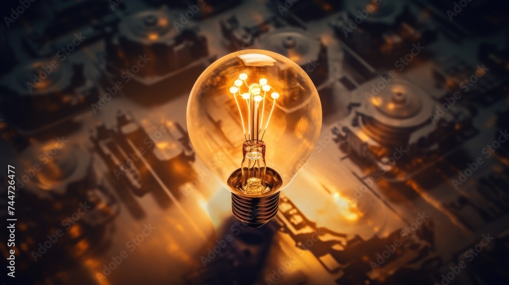 Poster a light bulb sitting on top of a circuit board. suitable for technology concepts