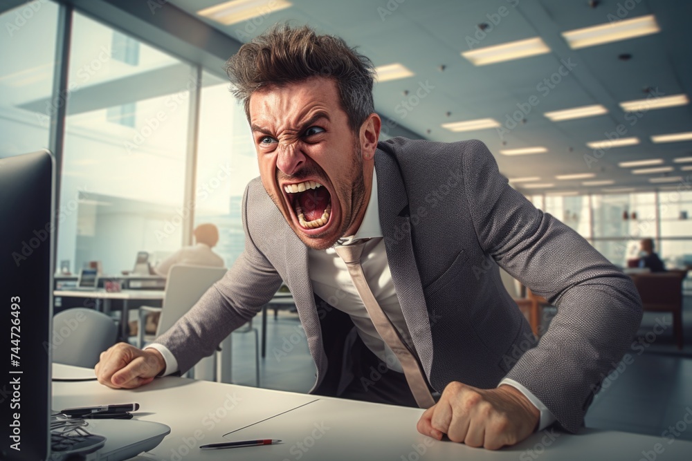 Poster a man in a suit expressing frustration while yelling at a computer screen. suitable for business and