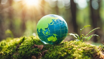 Obraz na płótnie Canvas earth day environment green globe in forest with moss and defocused abstract sunlight