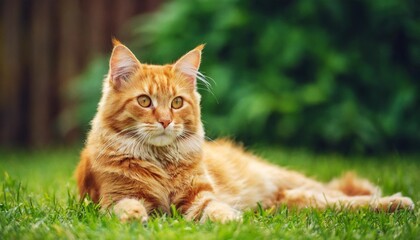 Naklejka na ściany i meble laying on backyard grass red domestic cat