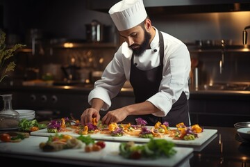 A man in a chef's hat preparing food on a cutting board. Ideal for culinary concepts
