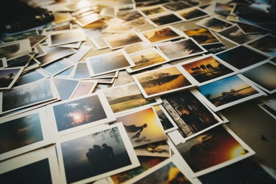 A collection of pictures spread out on a table. Ideal for illustrating photography concepts