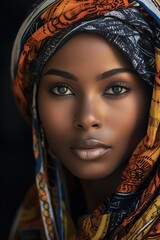 A close up of a woman wearing a headscarf. Ideal for fashion or cultural concepts