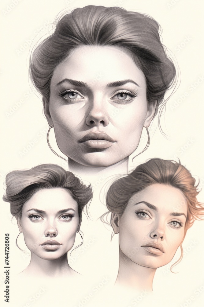 Poster A drawing of a woman's face showing various expressions. Ideal for educational materials or emotion-related projects