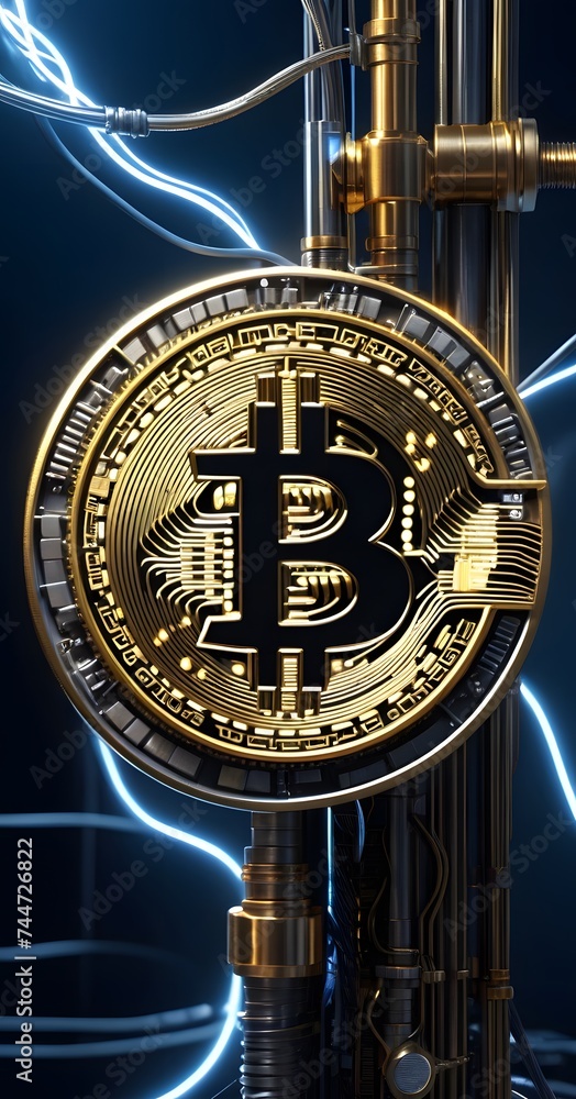 Poster bitcoin stands in a high-tech environment, its golden hue highlighted by blue light, evoking the int