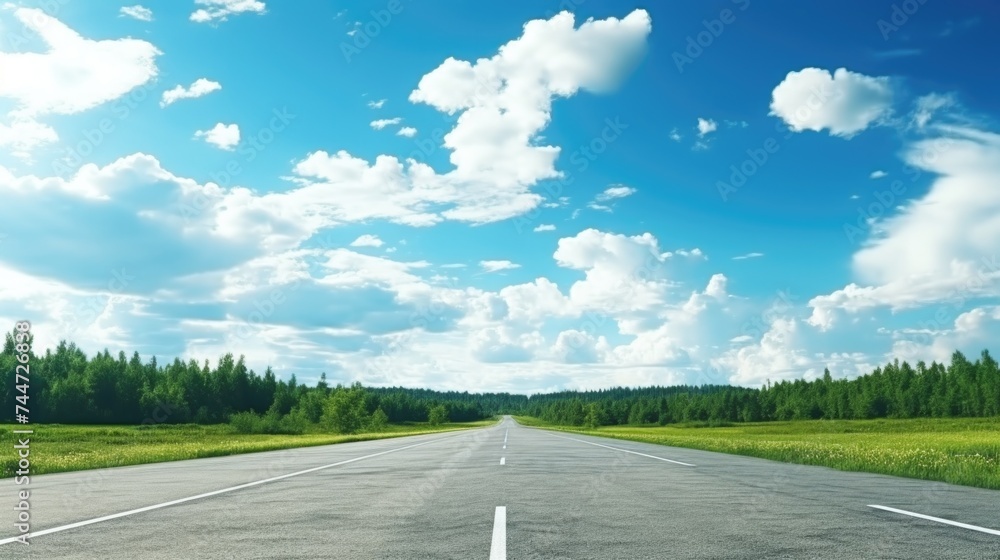Poster a serene view of an empty asphalt road with trees in the background. suitable for various outdoor an